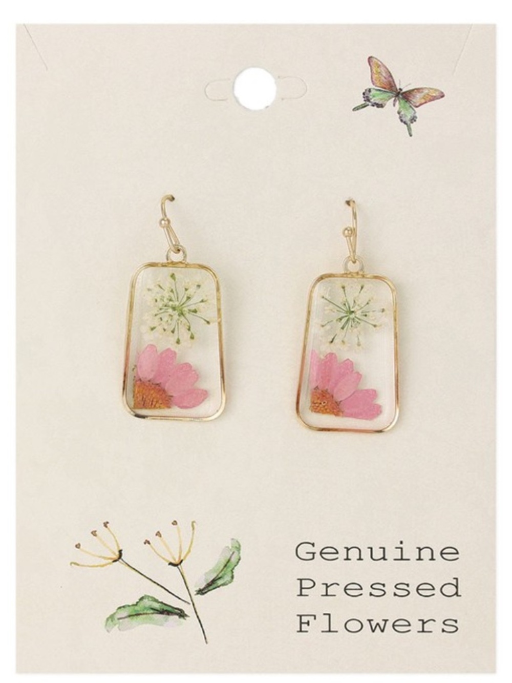 Pink Genuine Pressed Flower Rectangular Drop Earrings - Pink & Gold